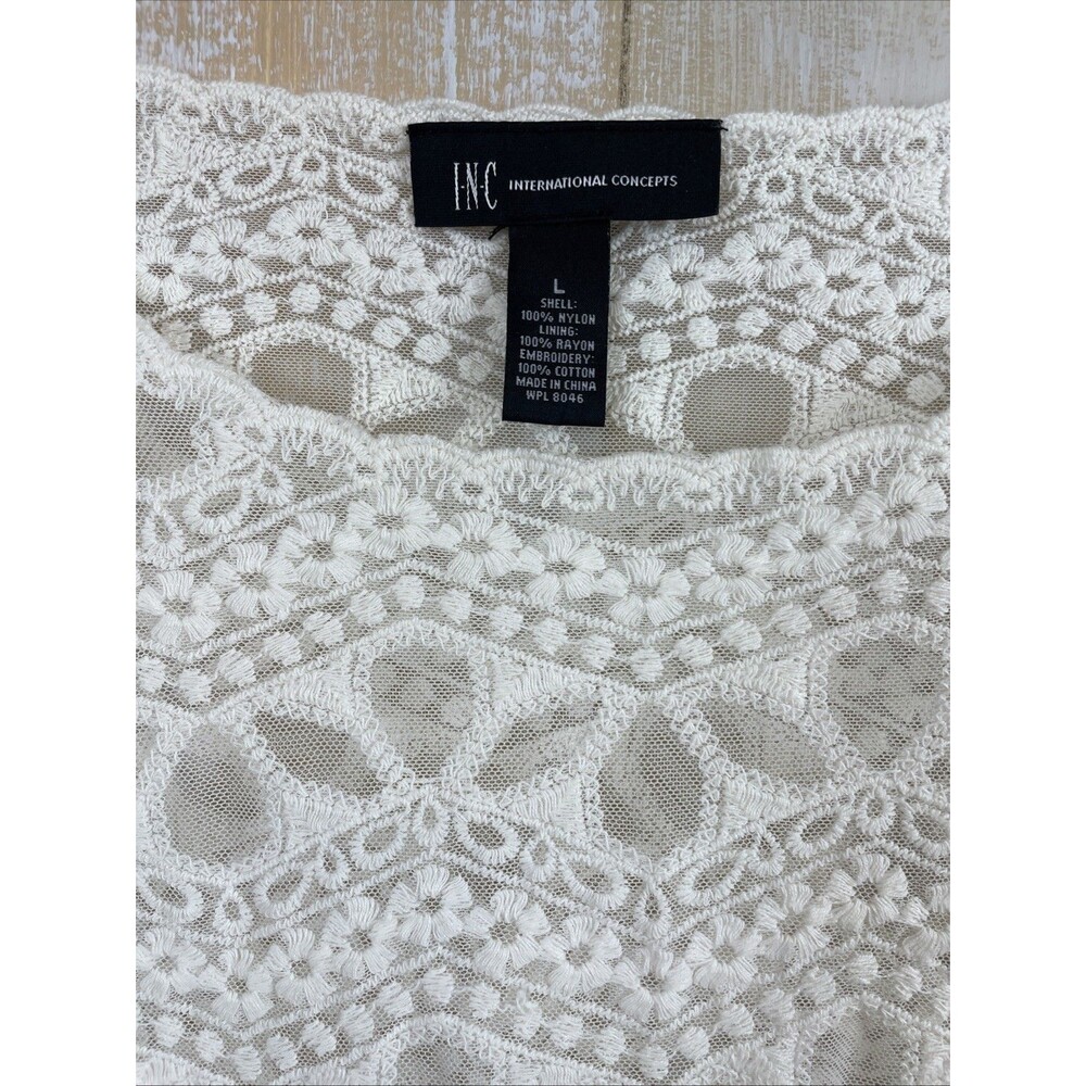 INC Ivory Lace Crochet Sheer Top Women's L 3/4 Sleeve *No Lining - Picture 2 of 7